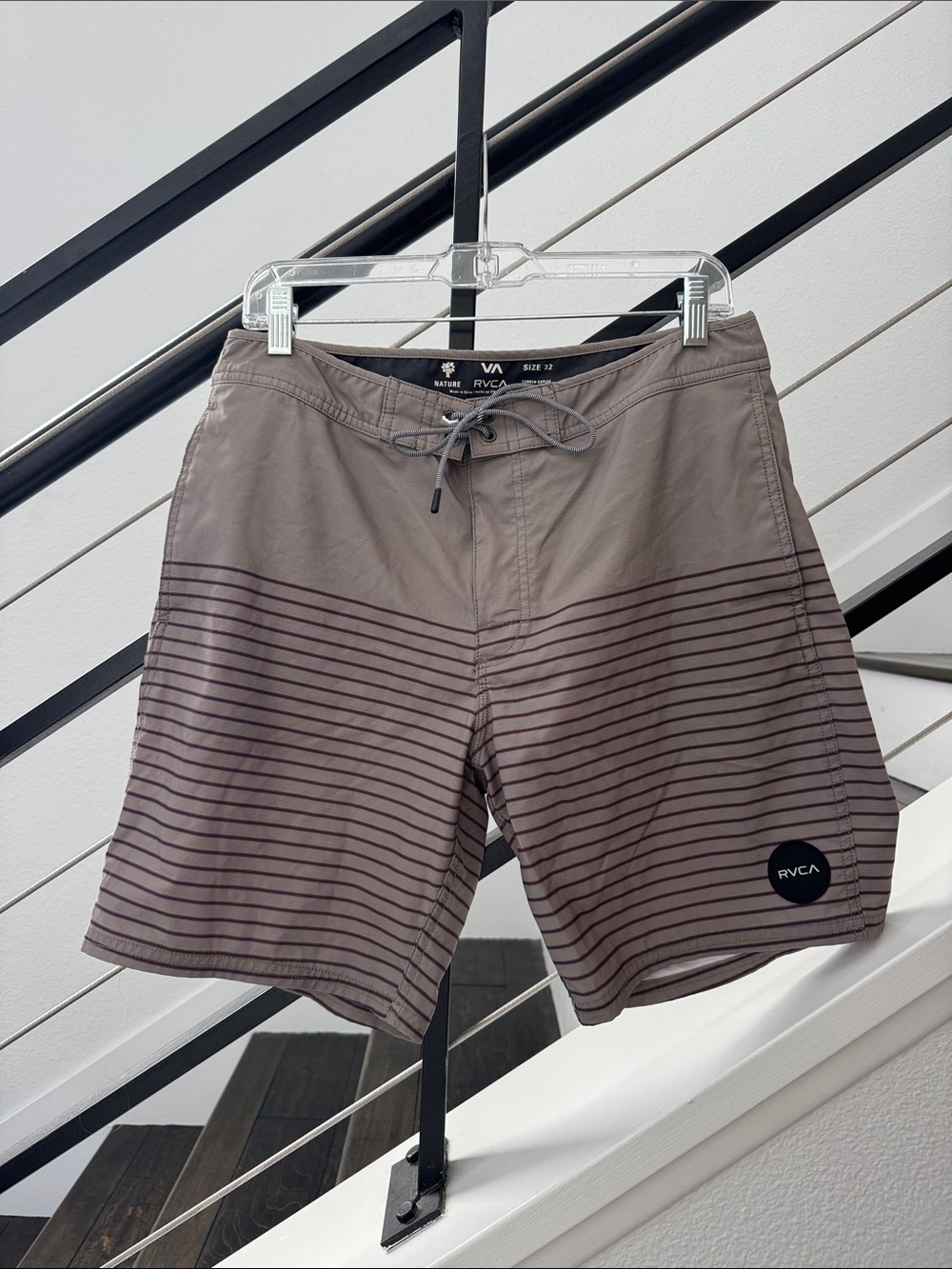 RVCA Men's Taupe Swim Shorts with Dark Stripe Detail